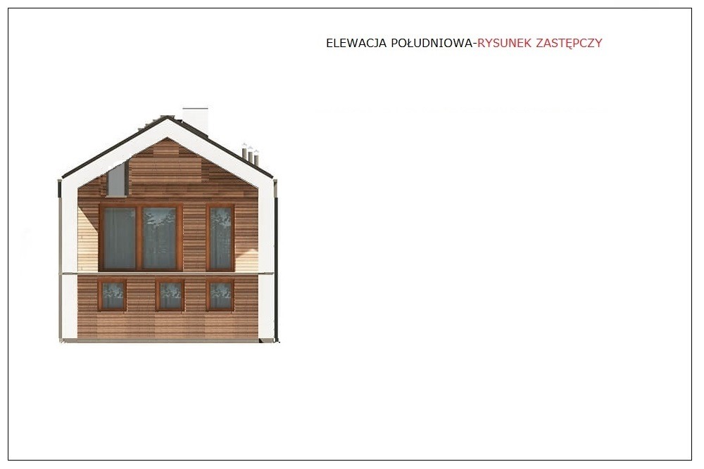 Schemat elewacji południowej dwukondygnacyjnego domu z drewnianą fasadą i białymi obramowaniami okien i dachu.