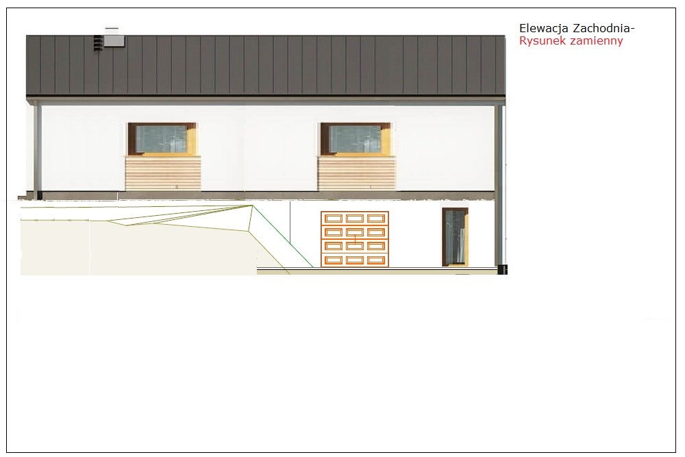 Rysunek techniczny elewacji zachodniej dwukondygnacyjnego budynku z płaskim dachem, prezentujący okna z drewnianą okładziną i detale wykończeniowe.