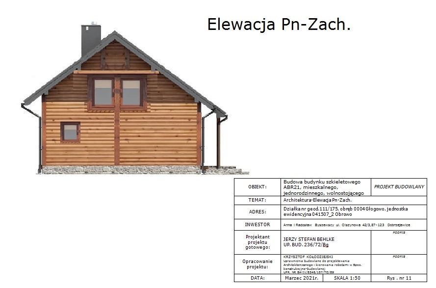Projekt elewacji drewnianego domu szkieletowego z kominem, widok z boku z oznaczeniem Elewacja Pn-Zach.