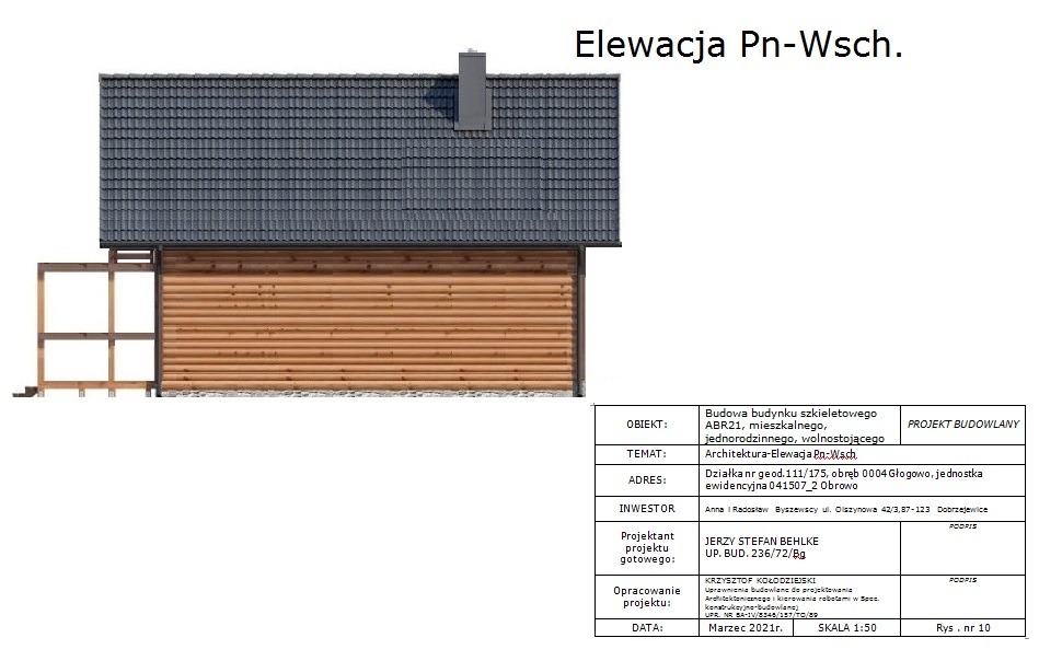 Rzut elewacji północno-wschodniej domu szkieletowego z drewnianą elewacją, projekt budowlany z informacjami o obiekcie, inwestorze i projektancie.