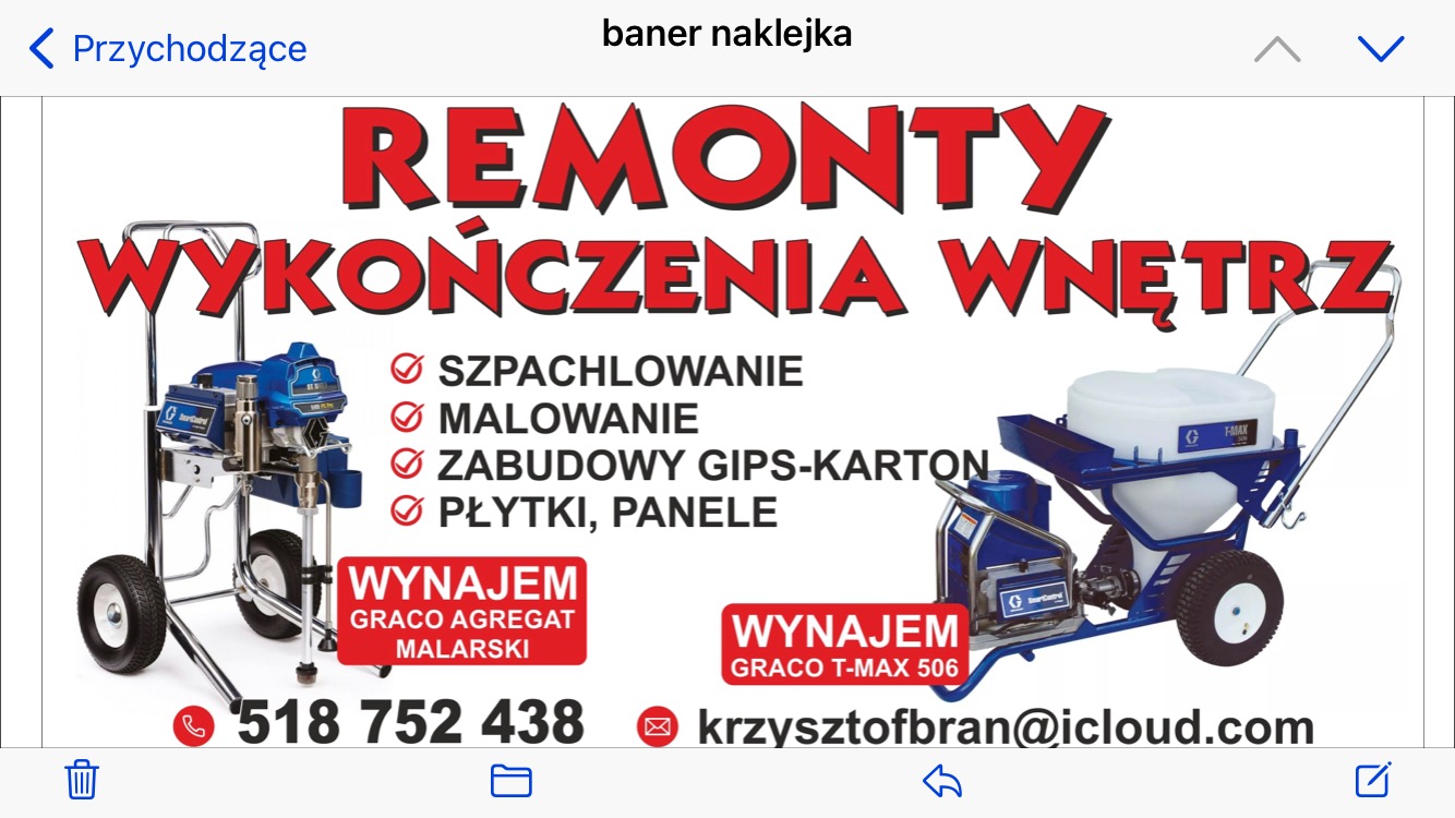 Grafika reklamowa z dwoma agregatami malarskimi marki Graco, informująca o usłudze wynajmu sprzętu do szpachlowania, malowania, zabudowy gips-karton, układania płytek i paneli, wraz z numerem...