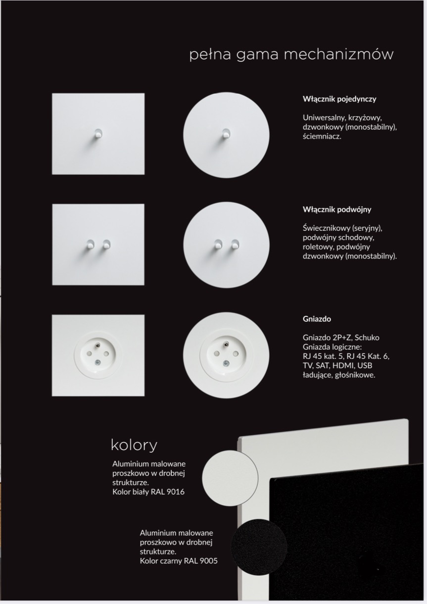 Katalog z białymi włącznikami pojedynczymi i podwójnymi, gniazdami Schuko oraz próbkami kolorów aluminium malowanego proszkowo: białego RAL 9016 i czarnego RAL 9005, prezentacja pełnej gamy...
