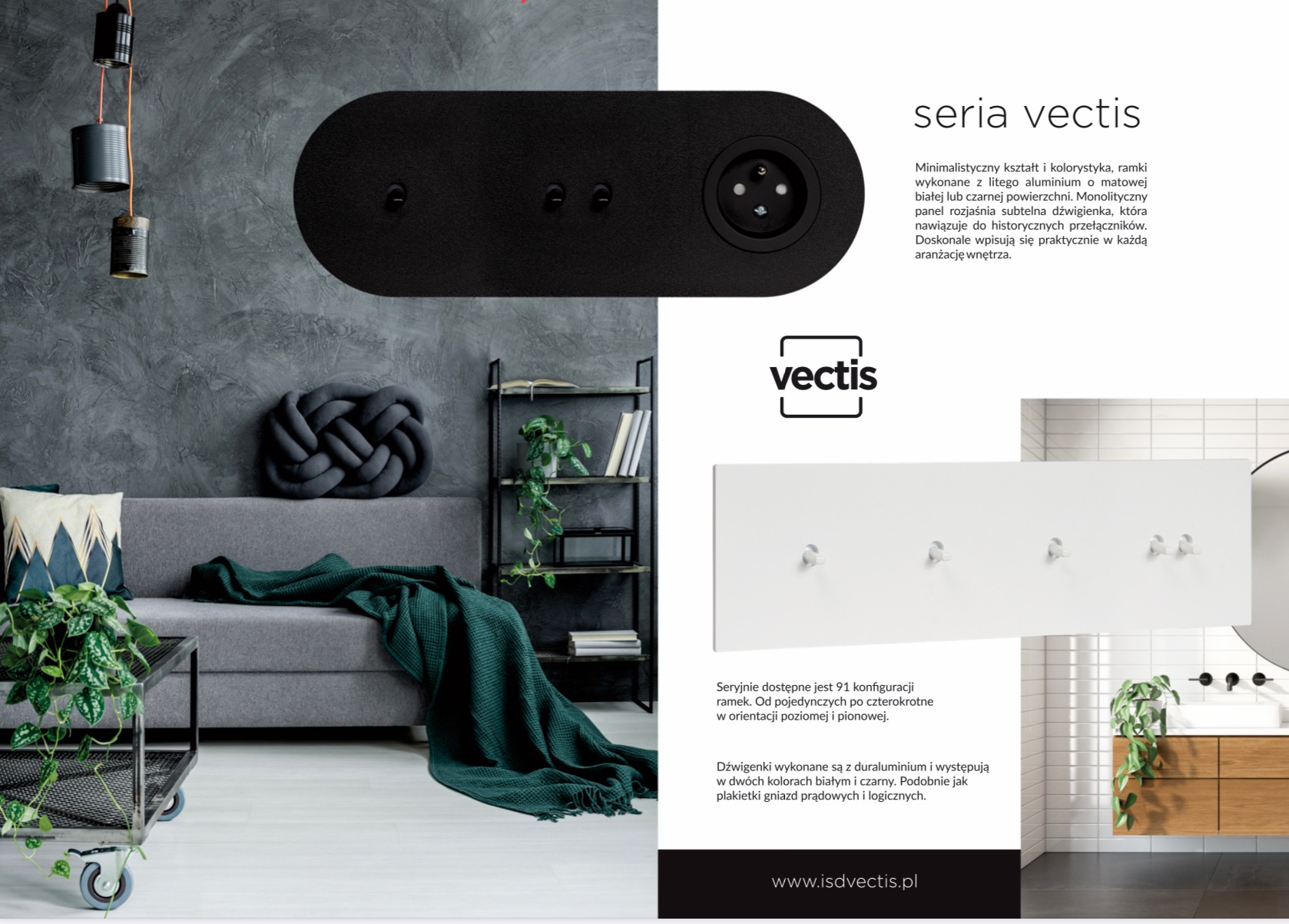 Czarny panel z gniazdem elektrycznym i włącznikami światła, seria Vectis, minimalistyczny design w aranżacji wnętrza z szarym tłem i elementami dekoracyjnymi