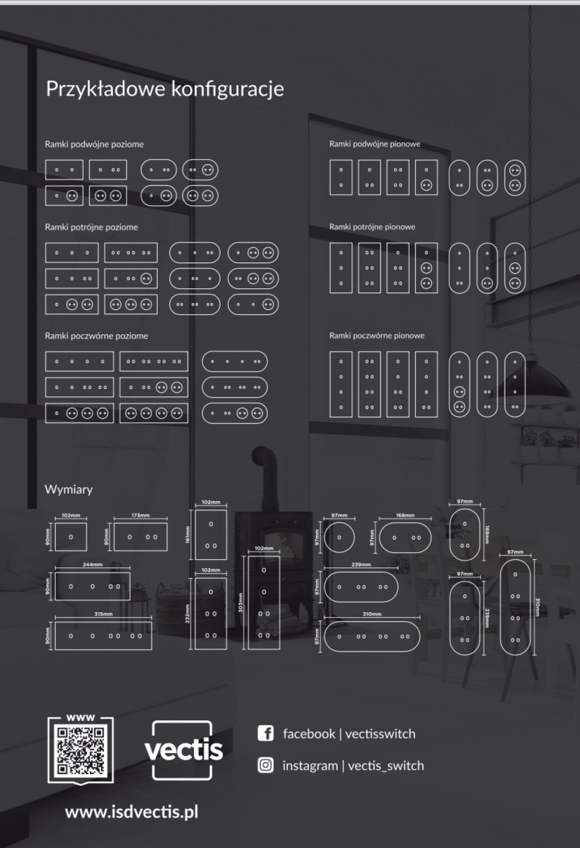 Schemat konfiguracyjny ramek gniazdek elektrycznych Vectis z wymiarami, prezentujący różne układy poziome i pionowe dla ramek podwójnych, potrójnych i poczwórnych.