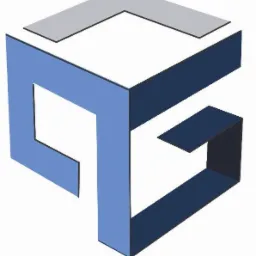 Abstrakcyjna, trójwymiarowa grafika w odcieniach błękitu i szarości, przypominająca stylizowaną literę 'G' lub logo firmy.