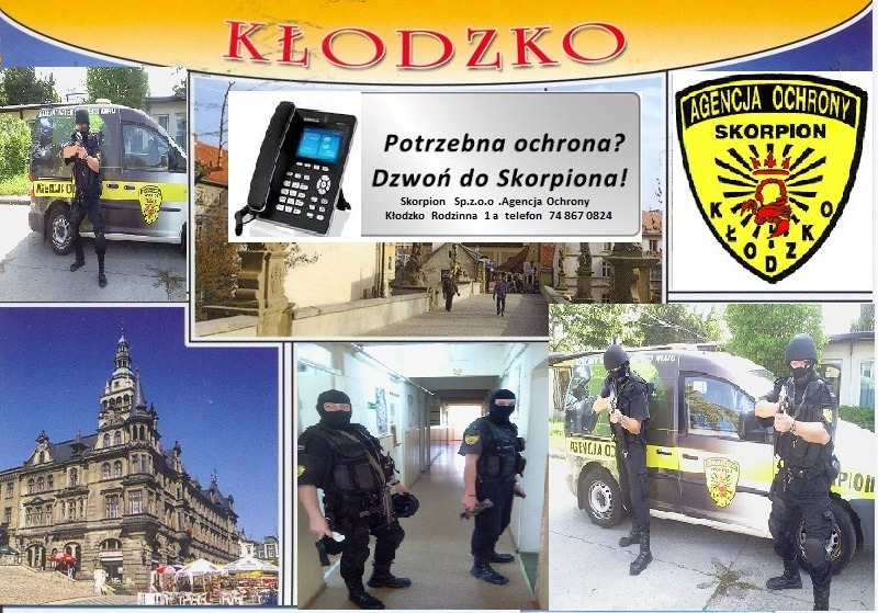Kompozycja zdjęć Agencji Ochrony Skorpion z Kłodzka: pracownicy w mundurach, budynek agencji, logo firmy, telefon kontaktowy i hasło reklamowe.