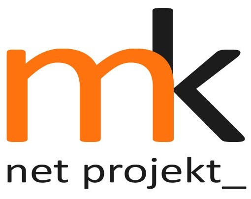 Logo firmy Net Projekt z pomarańczową literą 'm' i czarną literą 'k' na białym tle.