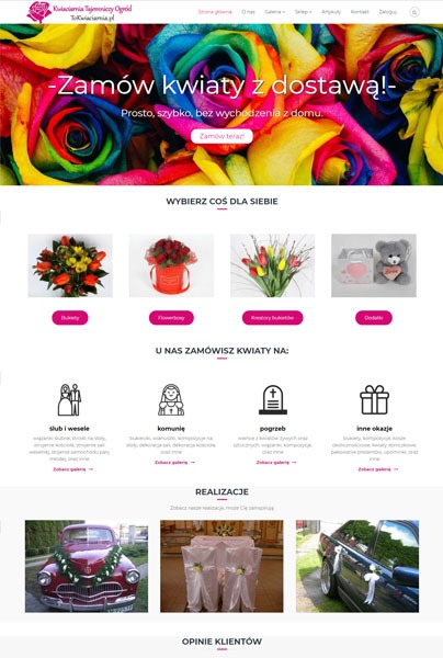 Strona internetowa kwiaciarni Tajemniczy Ogród (tokwiaciarnia.pl) z kolorowymi różami w tle baneru, prezentująca ofertę bukietów, flowerboxów, kompozycji na ślub, komunię, pogrzeb i inne okazje.