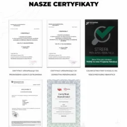 Zestaw certyfikatów firmy, w tym certyfikaty uprawniające do prowadzenia agencji zatrudnienia i doradztwa personalnego, certyfikat rzetelności oraz potwierdzenie członkostwa w koalicji na rzecz...