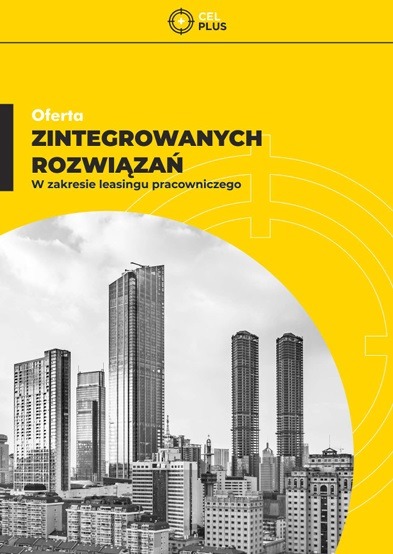 Żółto-czarny folder reklamowy Cel Plus z ofertą zintegrowanych rozwiązań w zakresie leasingu pracowniczego na tle panoramy miejskiej z wysokimi budynkami.