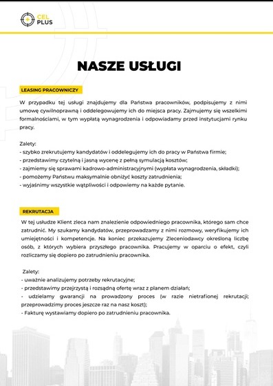 Informacja o usługach firmy, z tekstem o leasingu pracowniczym i rekrutacji, z logo firmy w lewym górnym rogu i sylwetkami budynków w tle.