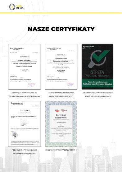 Zestaw certyfikatów firmy, w tym certyfikaty uprawniające do prowadzenia agencji zatrudnienia i doradztwa personalnego, certyfikat rzetelności oraz potwierdzenie członkostwa w koalicji na rzecz...