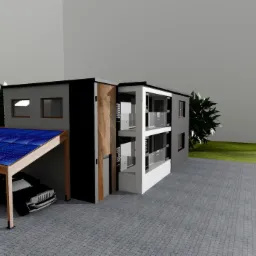 Wizualizacja domu z panelem fotowoltaicznym na wiacie garażowej, nowoczesna architektura, szara kostka brukowa.