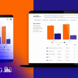 Prezentacja danych finansowych w aplikacji webowej i mobilnej na przykładzie strony aleo.com, z siedzibą w Gdańsku. Wykresy słupkowe i tabele prezentują przychody i zyski firmy.