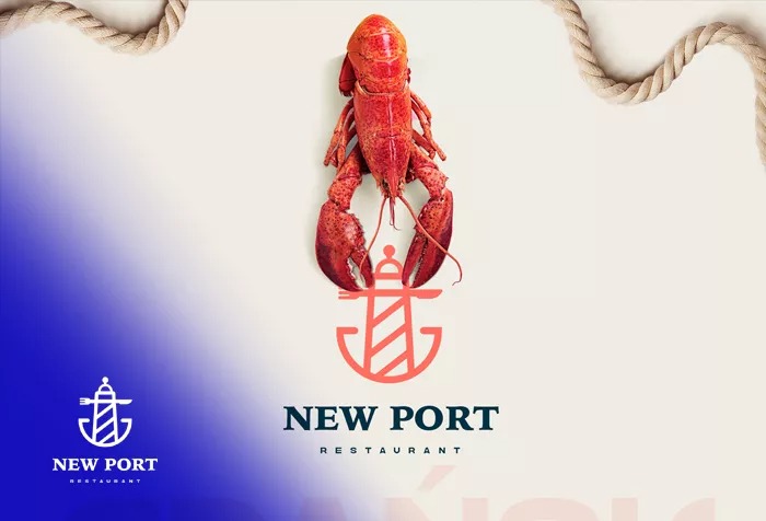 Projekt logo restauracji New Port z homarem i motywem latarni morskiej/kotwicy, lina żeglarska w tle.