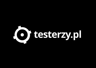 Logo firmy 'testerzy.pl' na czarnym tle, przedstawiające biały symbol koła z zębami i nazwę domeny.