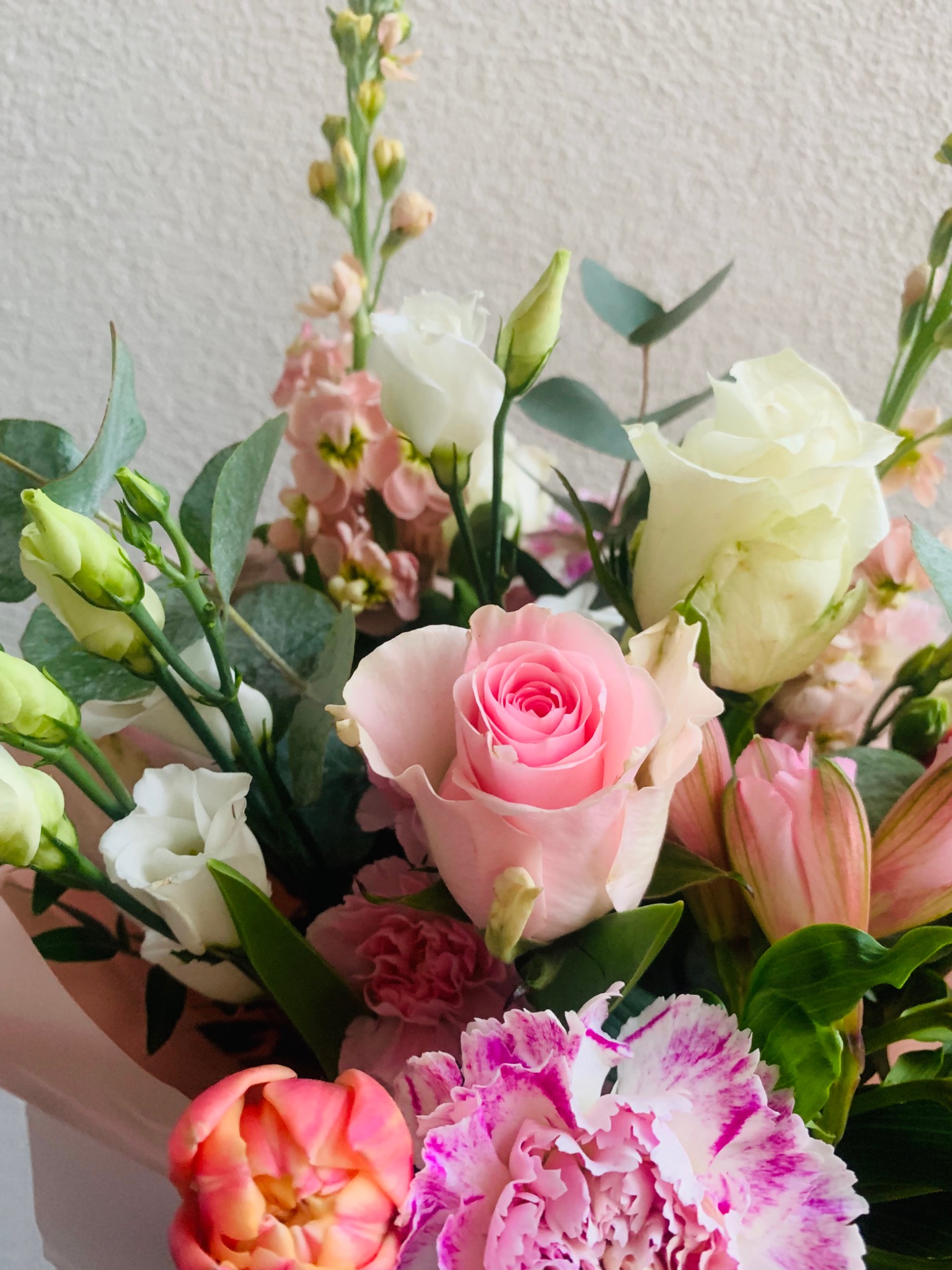 Delikatny bukiet z różowych i białych róż, goździków z fioletowymi żyłkami, tulipanów oraz zielonych pąków eustomy i eukaliptusa na rozmytym, jasnym tle.