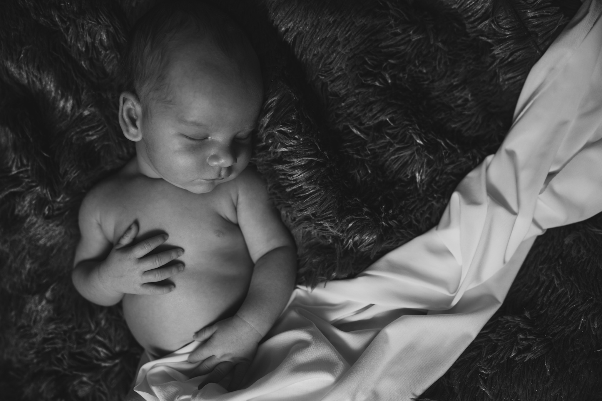 Noworodek śpiący na ciemnym, futrzanym tle, okryty częściowo białą tkaniną, z rączką przyłożoną do klatki piersiowej, w czerni i bieli.