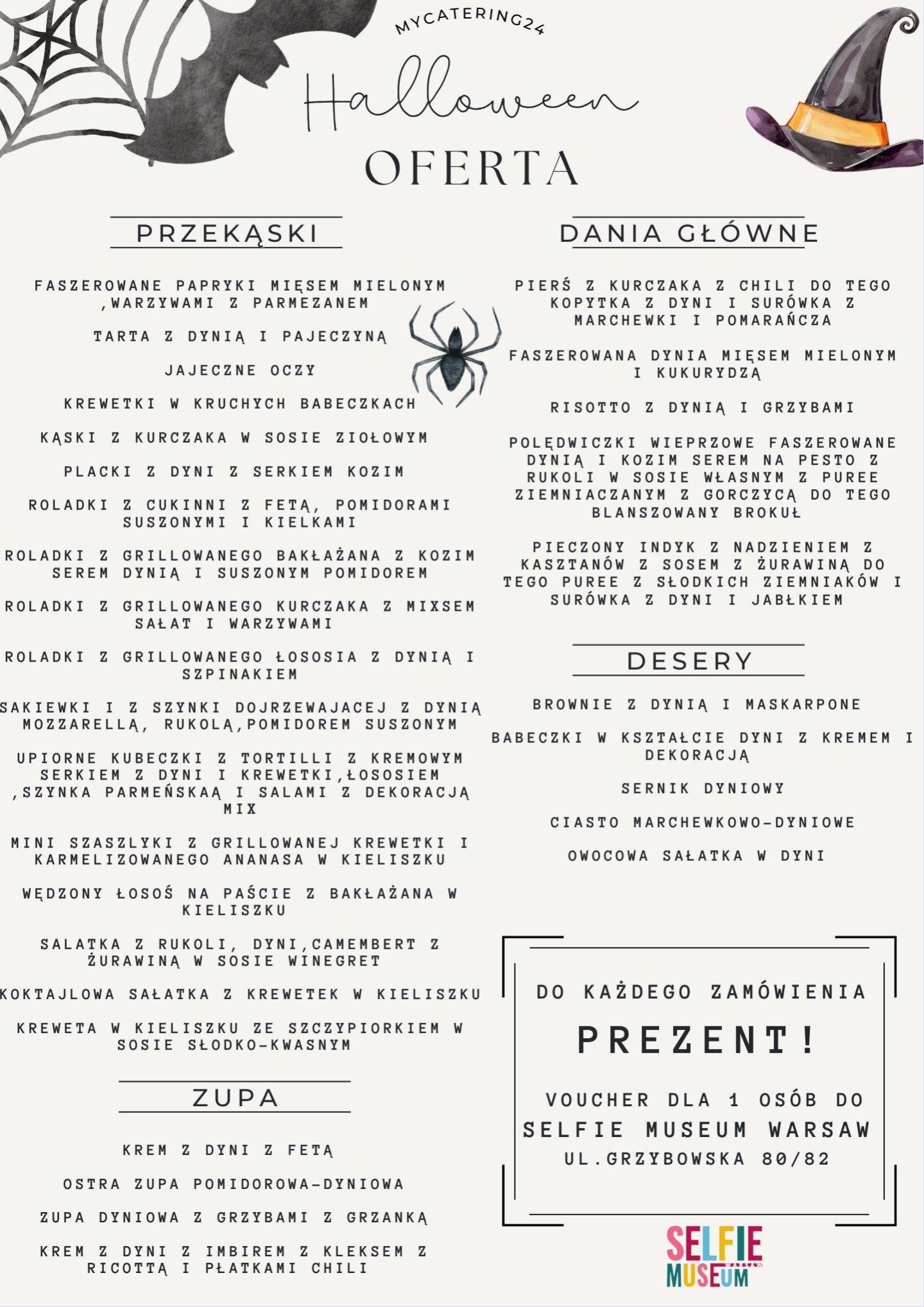 Halloweenowa oferta cateringowa z menu zawierającym dania z dyni, takie jak faszerowane papryki, tarta, risotto, zupy i desery, oraz informacją o prezencie - voucherze do Selfie Museum Warsaw.