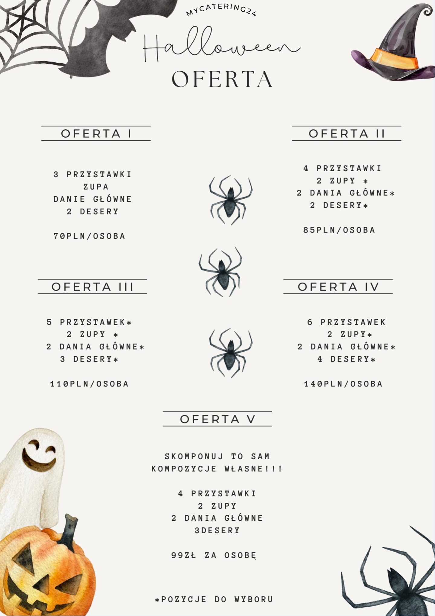 Grafika oferty cateringowej na Halloween z ilustracjami nietoperza, czarnego kapelusza, pająków, ducha i dyni, prezentująca różne zestawy menu i ceny.