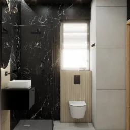 Nowoczesna łazienka z czarnymi marmurowymi płytkami, kabiną prysznicową typu walk-in, wiszącą toaletą i umywalką na czarnej szafce.