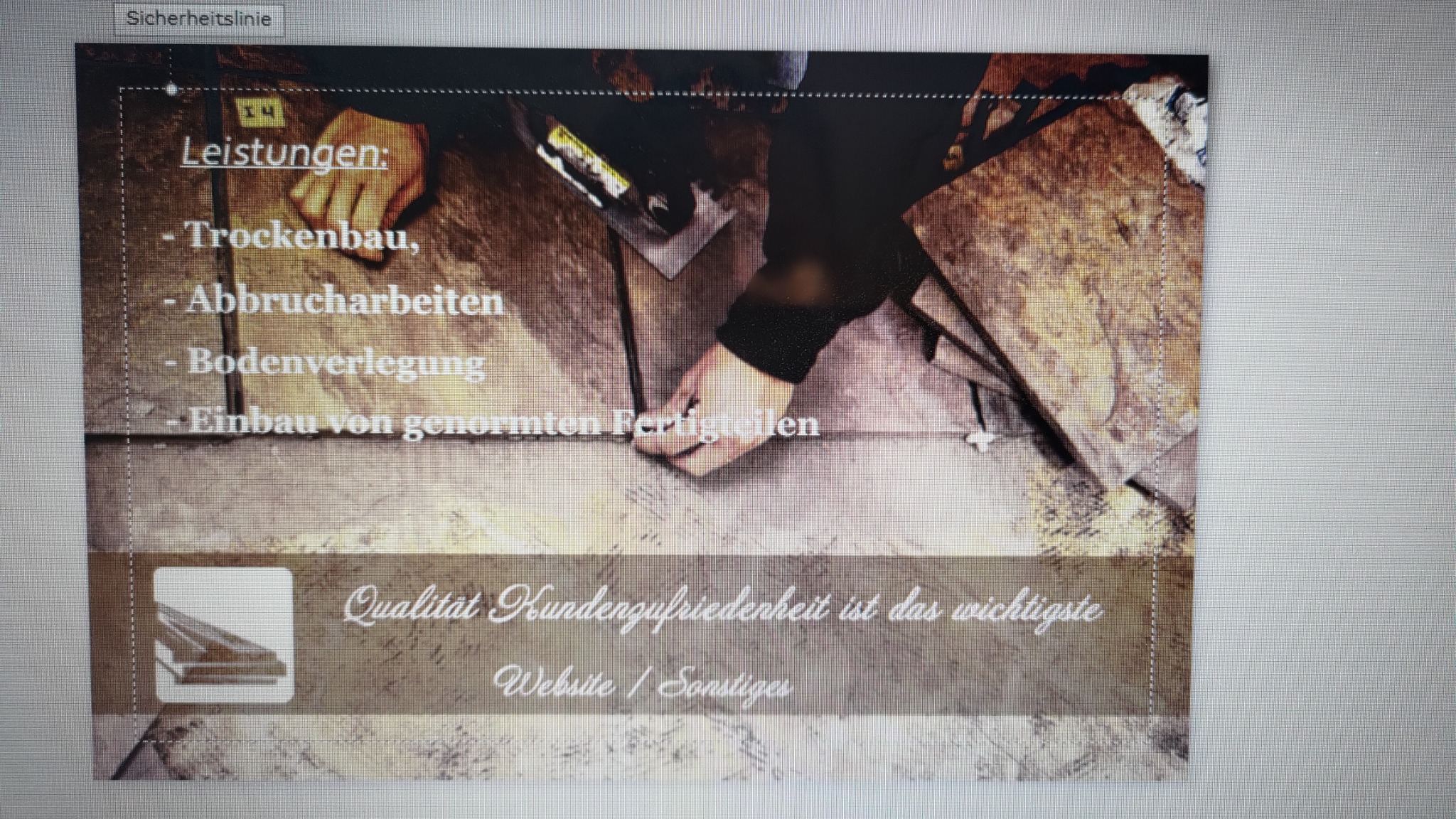 Zdjęcie przedstawia fragment ulotki reklamowej lub prezentacji firmy budowlanej, z listą usług takich jak Trockenbau, Abbrucharbeiten, Bodenverlegung i Einbau von genormten Fertigteilen,...