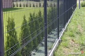 Nowoczesne ogrodzenie panelowe w kolorze grafitowym z podmurówką betonową, widok z zewnątrz na tle trawnika i szpaleru drzew iglastych.