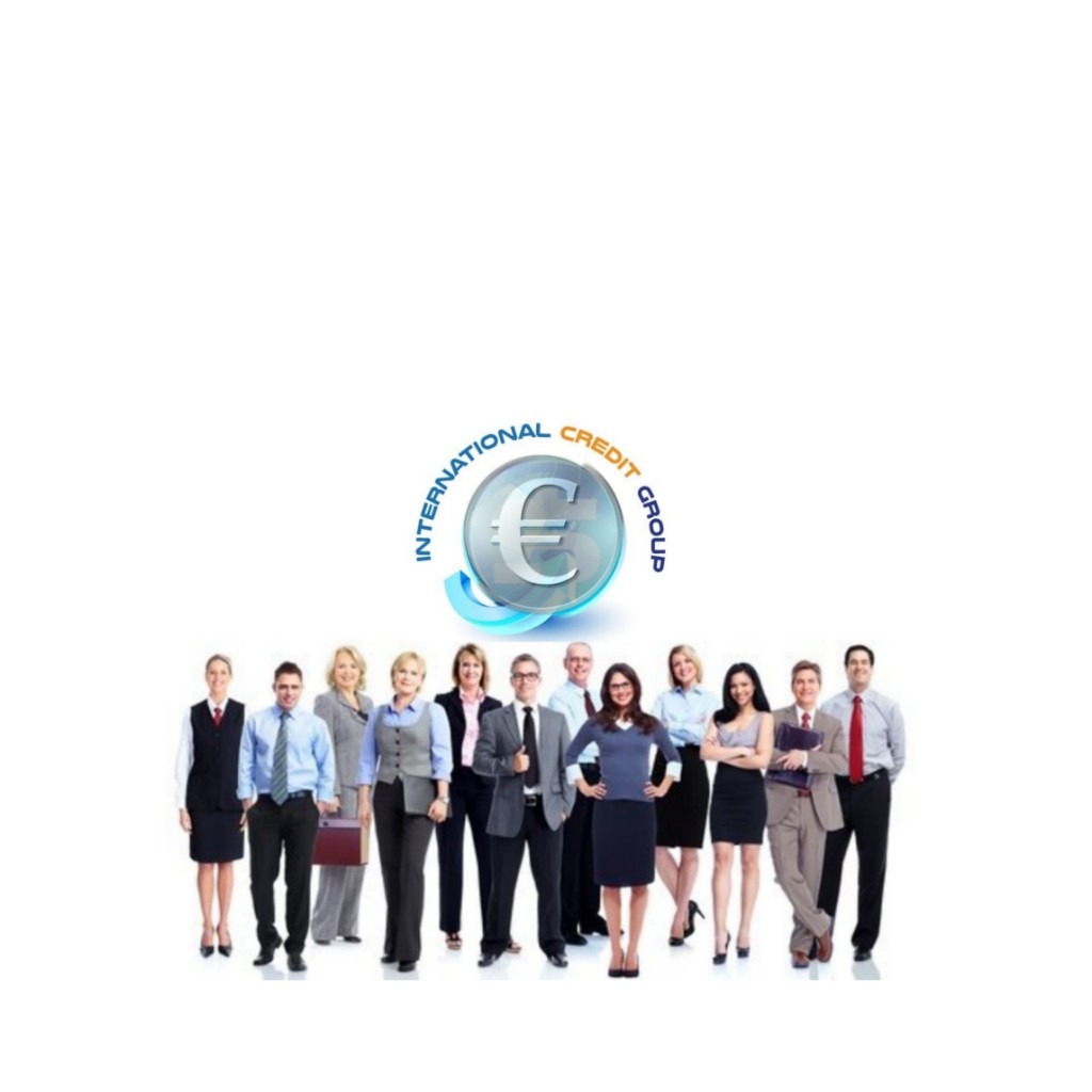 Grupa uśmiechniętych pracowników biurowych pod logo International Credit Group z symbolem euro.
