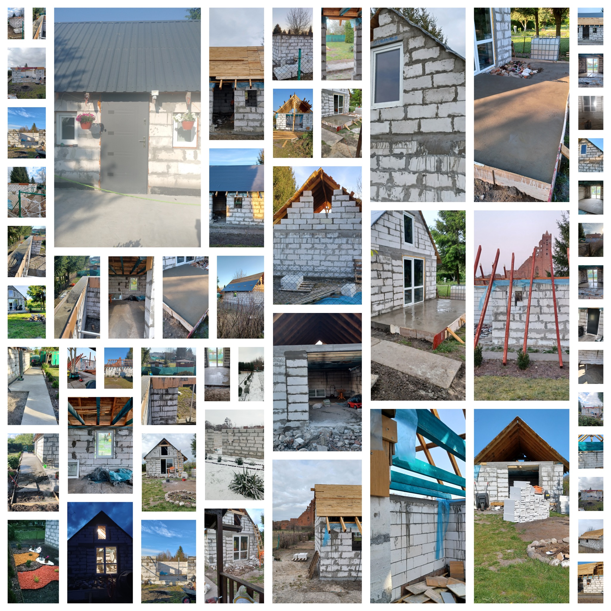 Budowa domu z bloczków: widoczne ściany w trakcie murowania, wstawione okna, częściowo zadaszona konstrukcja, świeżo wylany beton na tarasie.