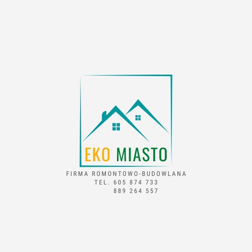Logo firmy remontowo-budowlanej EKO MIASTO z zielono-żółtym napisem i graficznym symbolem dwóch domów w turkusowej ramce, poniżej numery telefonów.