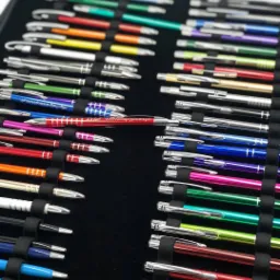 Kolekcja kolorowych długopisów z metalowymi elementami, umieszczonych w czarnym etui z elastycznymi uchwytami, jeden długopis z nadrukowanym adresem strony internetowej.