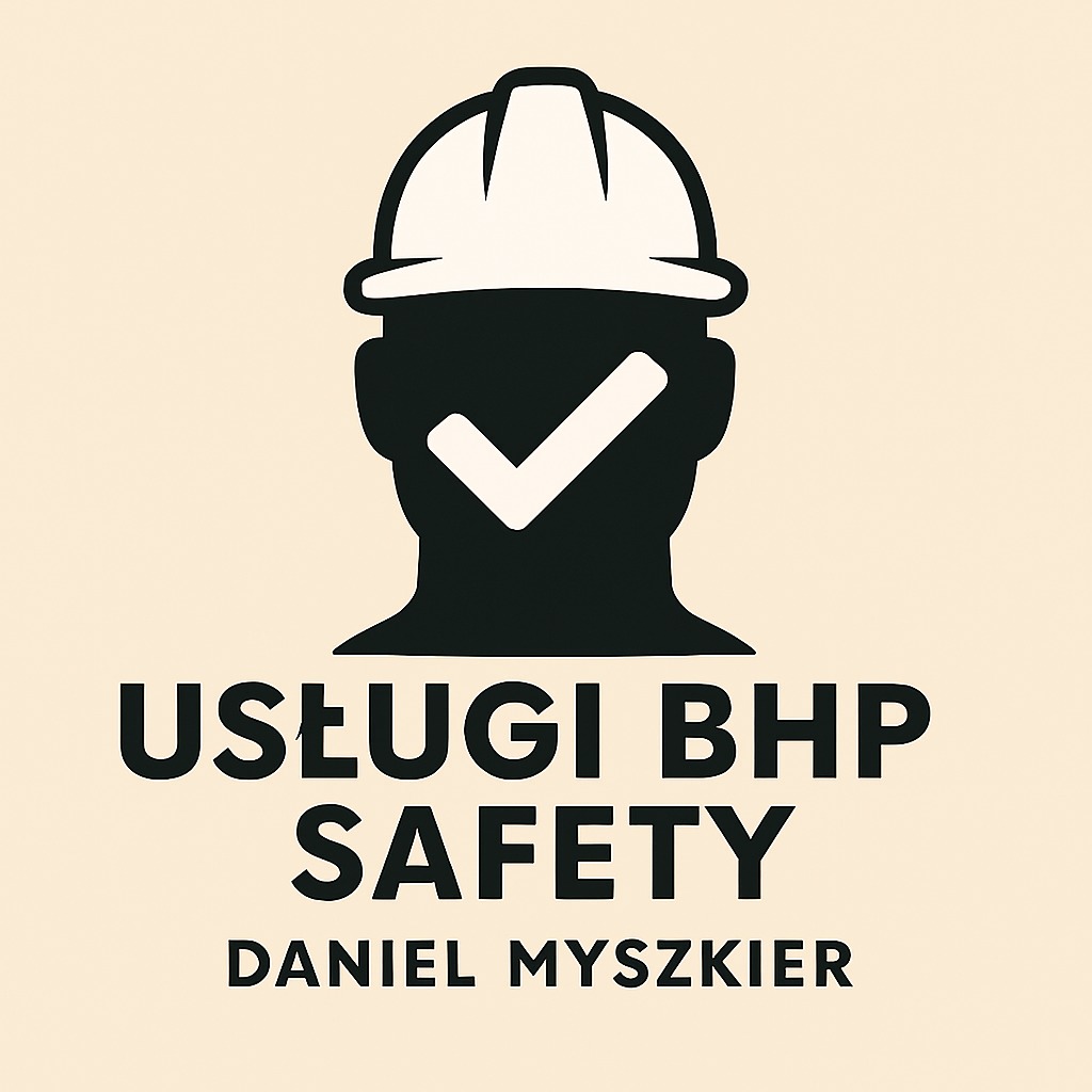 Grafika: Stylizowana sylwetka w kasku z symbolem akceptacji, napis 'Usługi BHP Safety Daniel Myszkier' na beżowym tle. Minimalistyczny design.