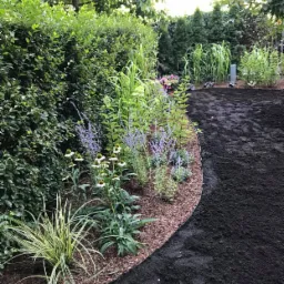 Świeżo obsadzona rabata kwiatowa z obrzeżem i przygotowanym podłożem pod trawnik, widoczne różne gatunki roślin, krzewów i drzew w tle.