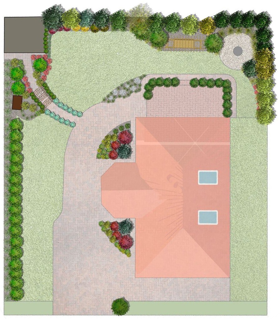 Plan zagospodarowania ogrodu z widokiem z góry, ukazujący dom, trawnik, ścieżkę z kostki brukowej, rabaty z roślinami ozdobnymi, strefę relaksu z ławką i paleniskiem.