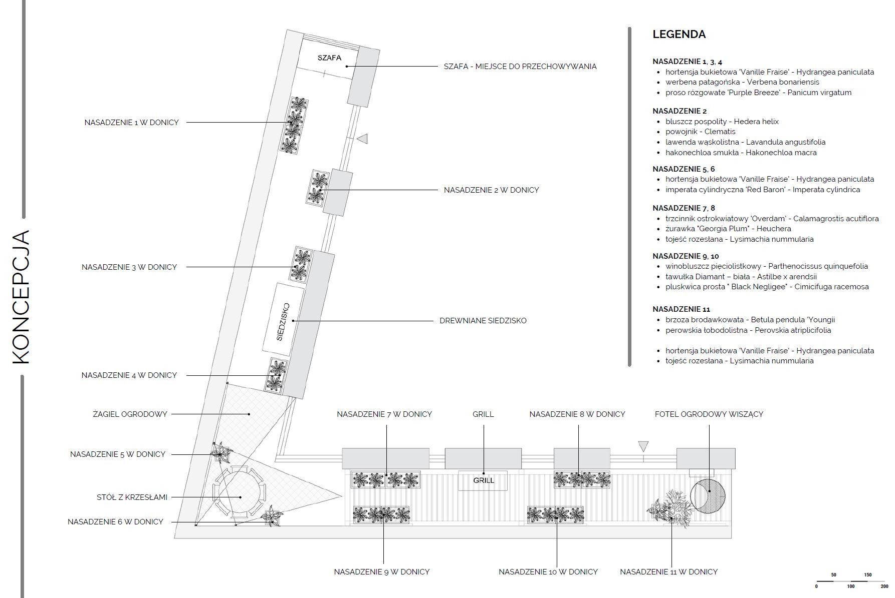 Plan zagospodarowania ogrodu z nasadzeniami w donicach, meblami ogrodowymi i grillem, zawierający legendę z nazwami roślin.