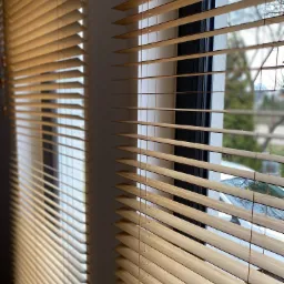Jasne drewniane lamele żaluzji w oknie, widok na zewnątrz z zarysem drzewa i fragmentem białego samochodu, gra światła i cienia na ścianie.