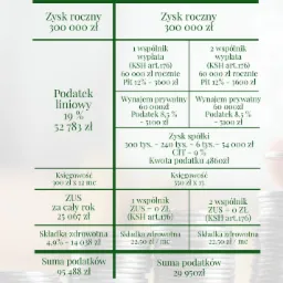 Porównanie kosztów prowadzenia działalności gospodarczej jednoosobowej i spółki z o.o. z uwzględnieniem zysku rocznego, podatku, ZUS, składki zdrowotnej oraz oszczędności, z logo Instytutu...