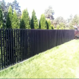 Ciemne, pionowe panele ogrodzeniowe tworzą nowoczesną barierę na tle zielonych tuj i trawnika, z widocznym fragmentem drugiego ogrodzenia w tle.