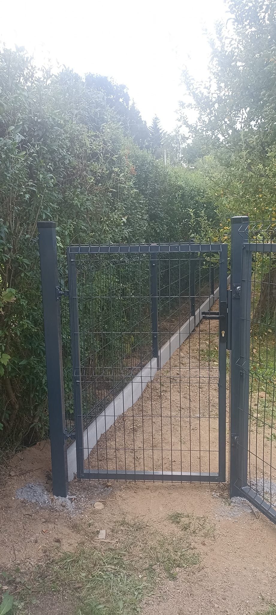 Nowo zainstalowana, grafitowa furtka z siatki na betonowej podmurówce, prowadząca do zarośniętego ogrodu.