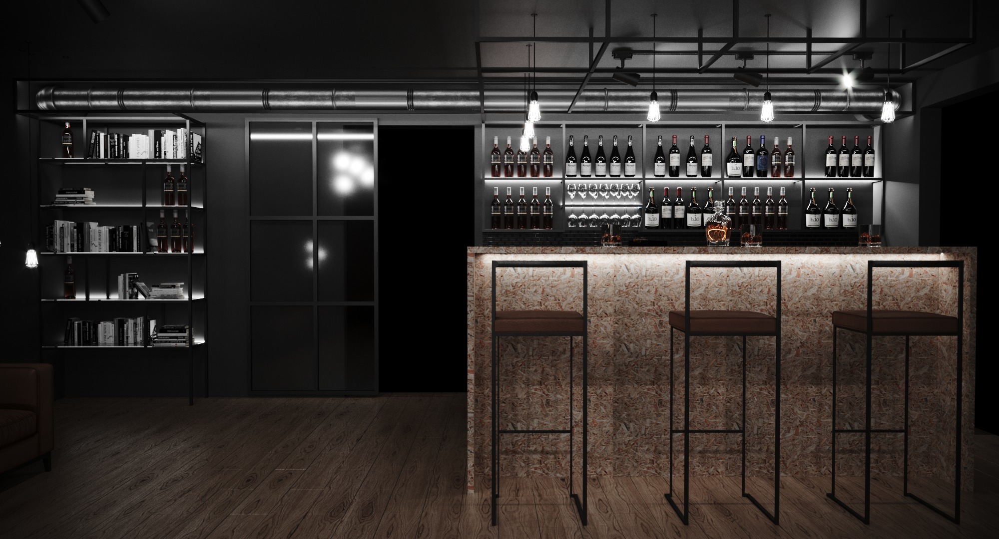 Nowoczesny bar w ciemnej tonacji z blatem z płyty OSB, minimalistycznymi hokerami, podświetlanymi półkami z alkoholami i książkami oraz industrialnym oświetleniem.