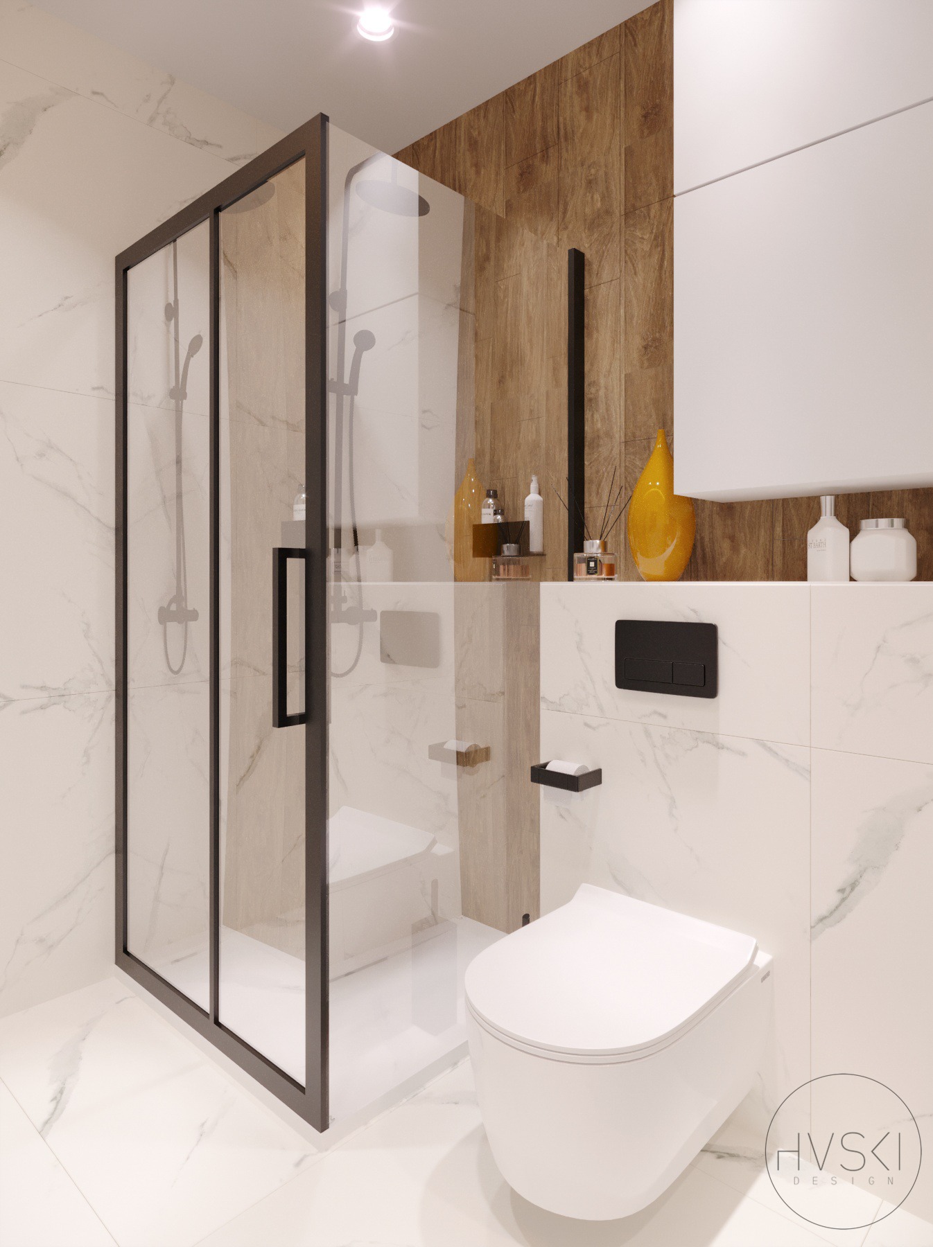 Nowoczesna łazienka z kabiną prysznicową typu walk-in z czarnymi ramami, wiszącą toaletą i drewnianymi akcentami na ścianie oraz białymi marmurowymi płytkami.