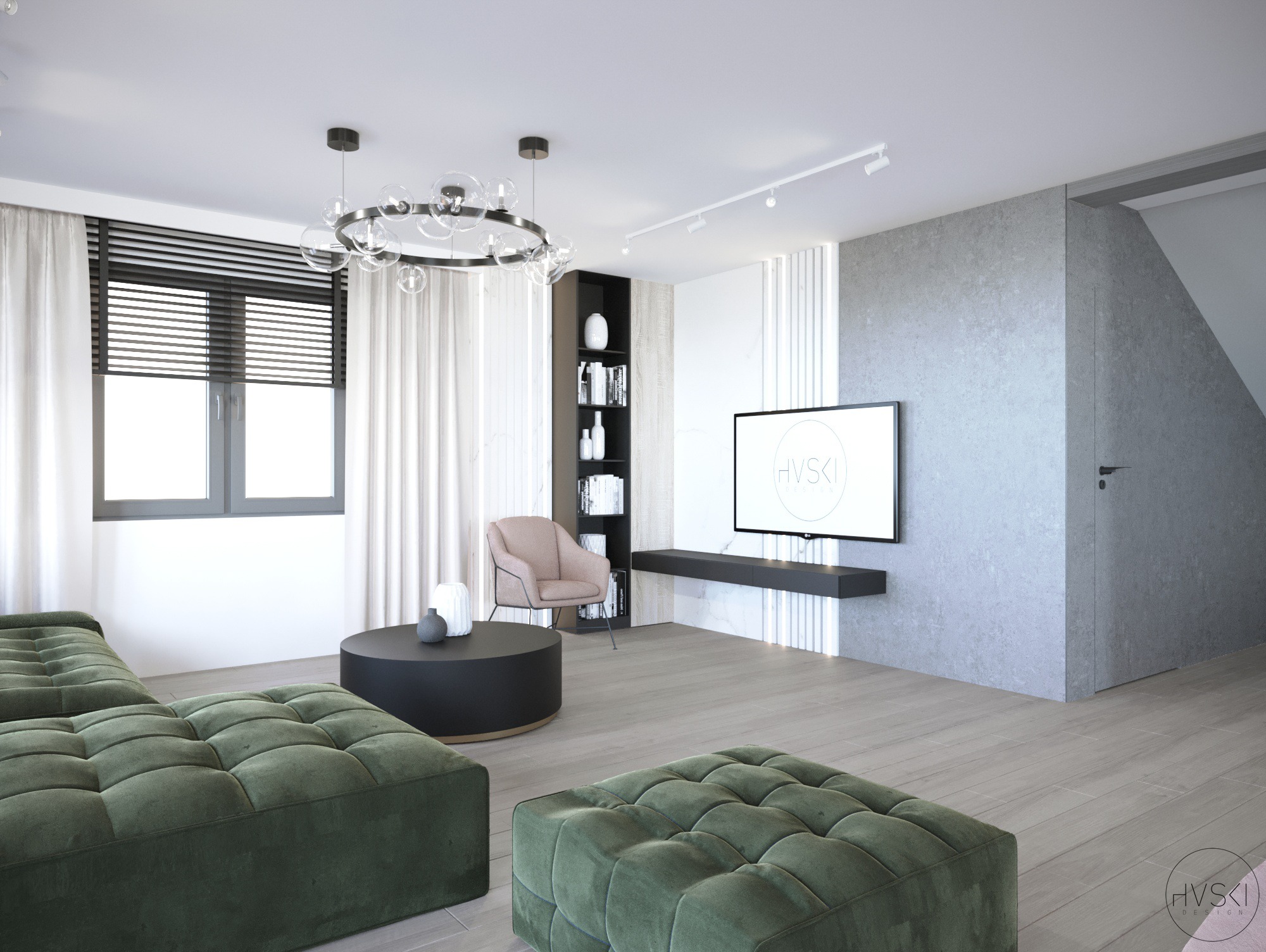 Wizualizacja salonu z dużą sofą w kolorze butelkowej zieleni, okrągłym stolikiem kawowym i telewizorem na ścianie z betonową fakturą. Okno z żaluzjami i zwiewne zasłony w tle. Nad stolikiem...