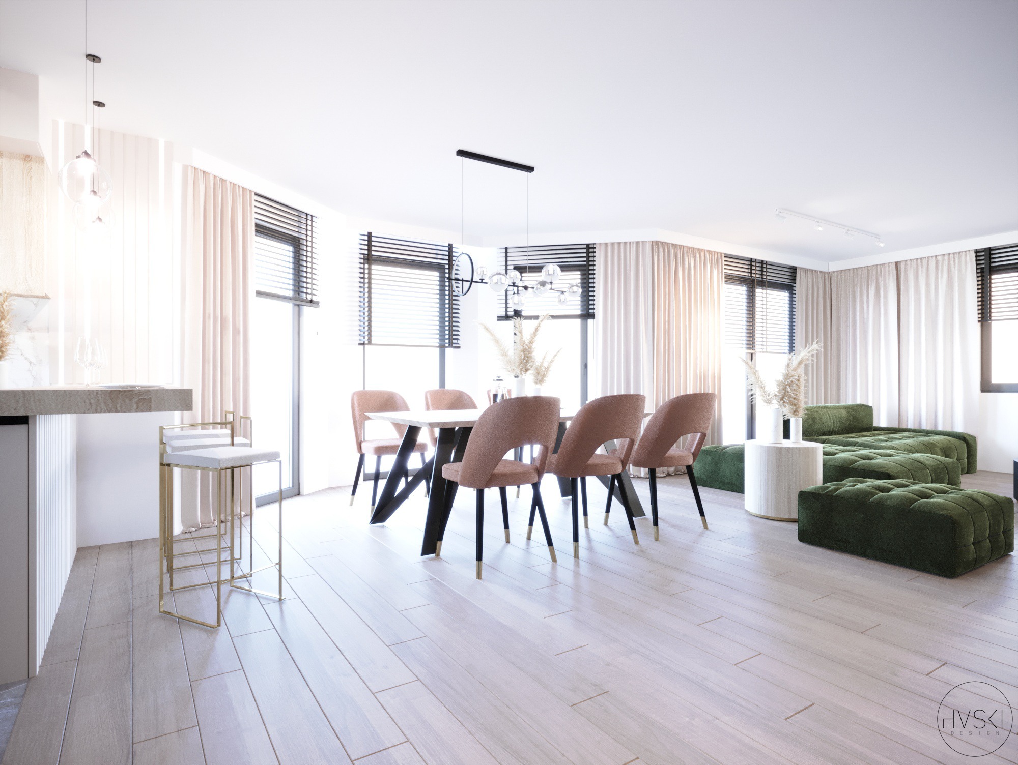 Jasne, przestronne wnętrze z drewnianą podłogą, stołem z krzesłami z elementami złota, zieloną sofą modułową i białymi zasłonami.