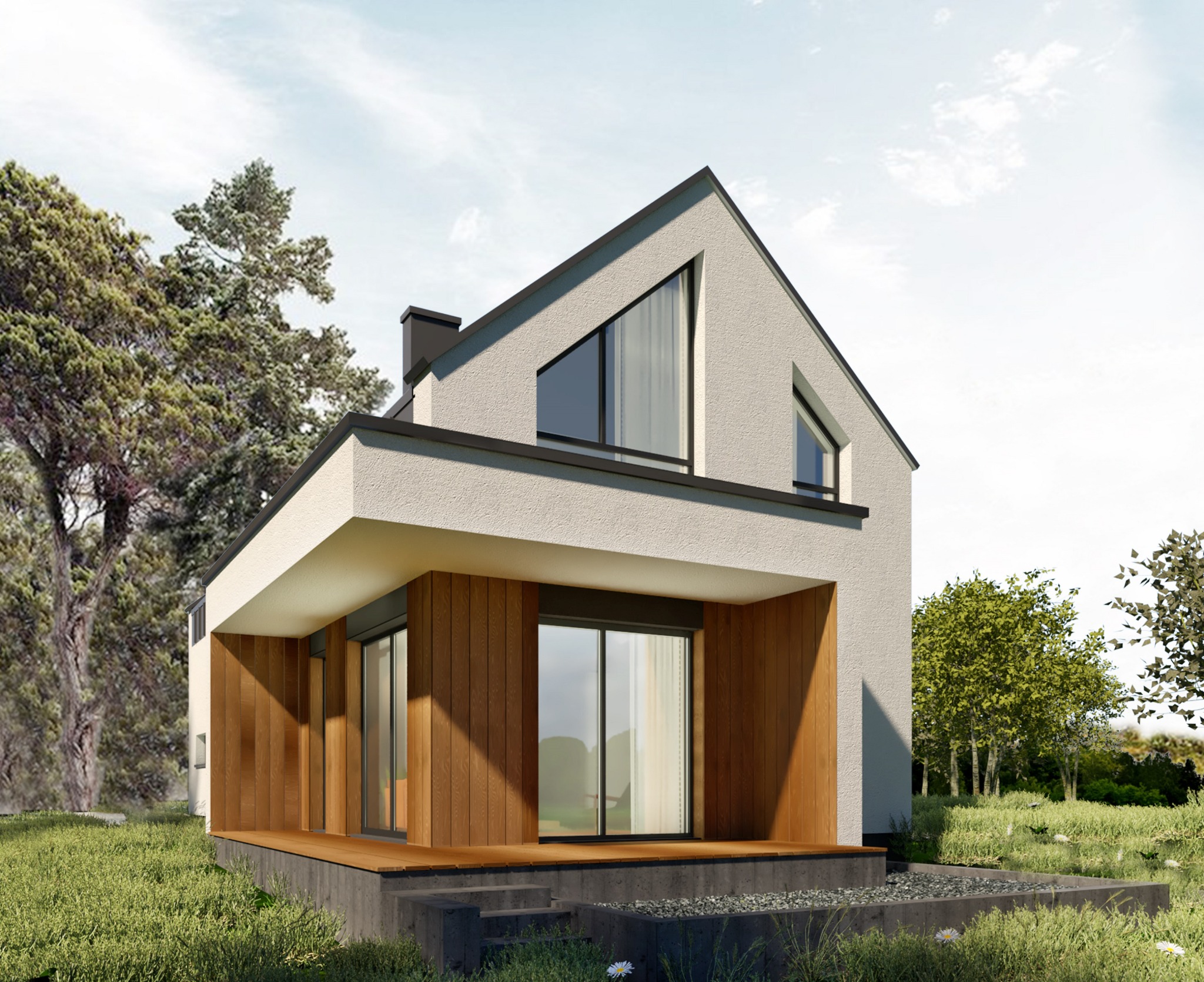 Wizualizacja minimalistycznego domu jednorodzinnego z białym tynkiem i drewnianą elewacją, usytuowanego na wzniesieniu z widokiem na drzewa i łąkę.