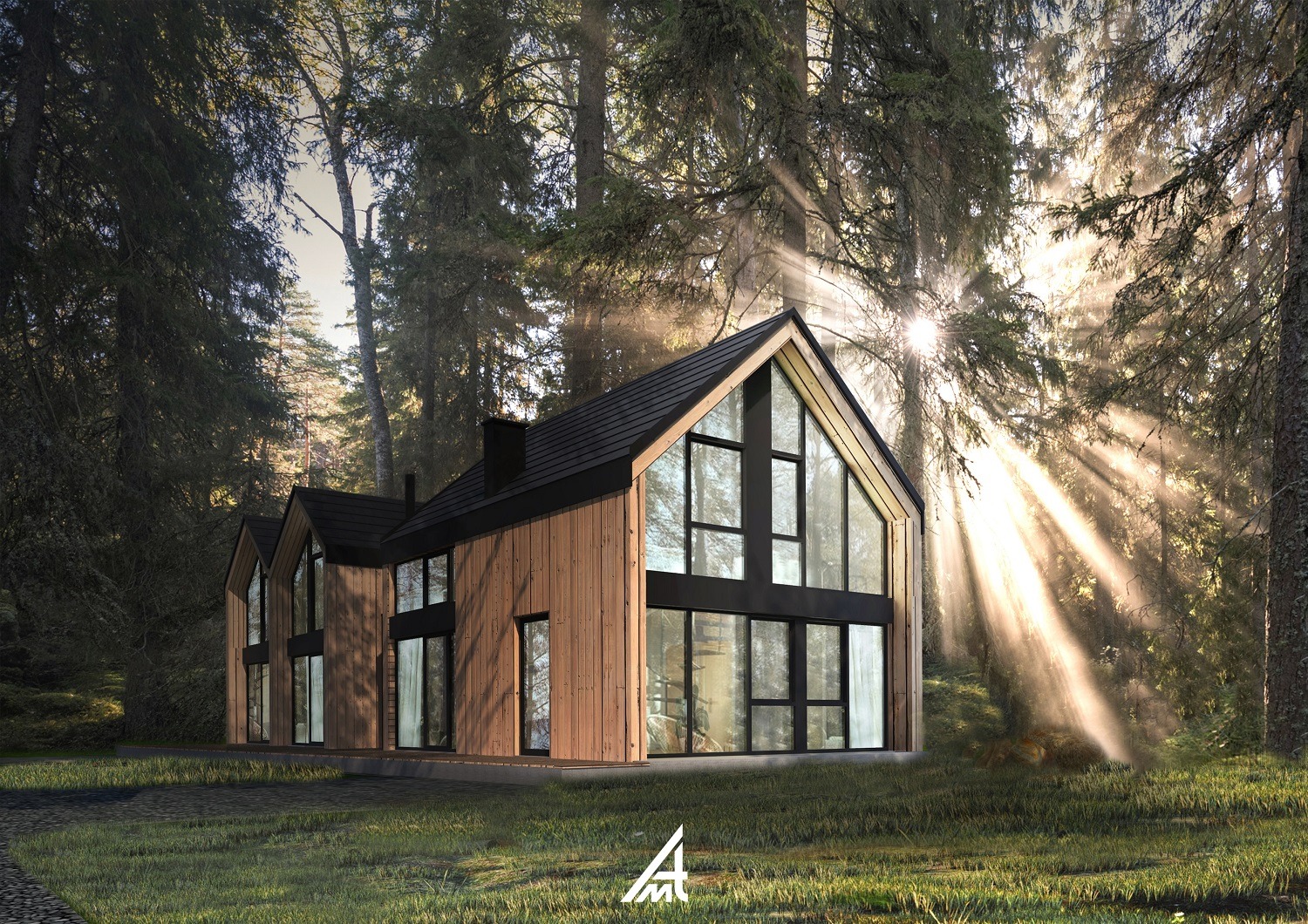 Wizualizacja nowoczesnego, asymetrycznego bliźniaka z drewnianą elewacją i dużymi przeszkleniami, usytuowanego w lesie z promieniami słońca przebijającymi przez drzewa.