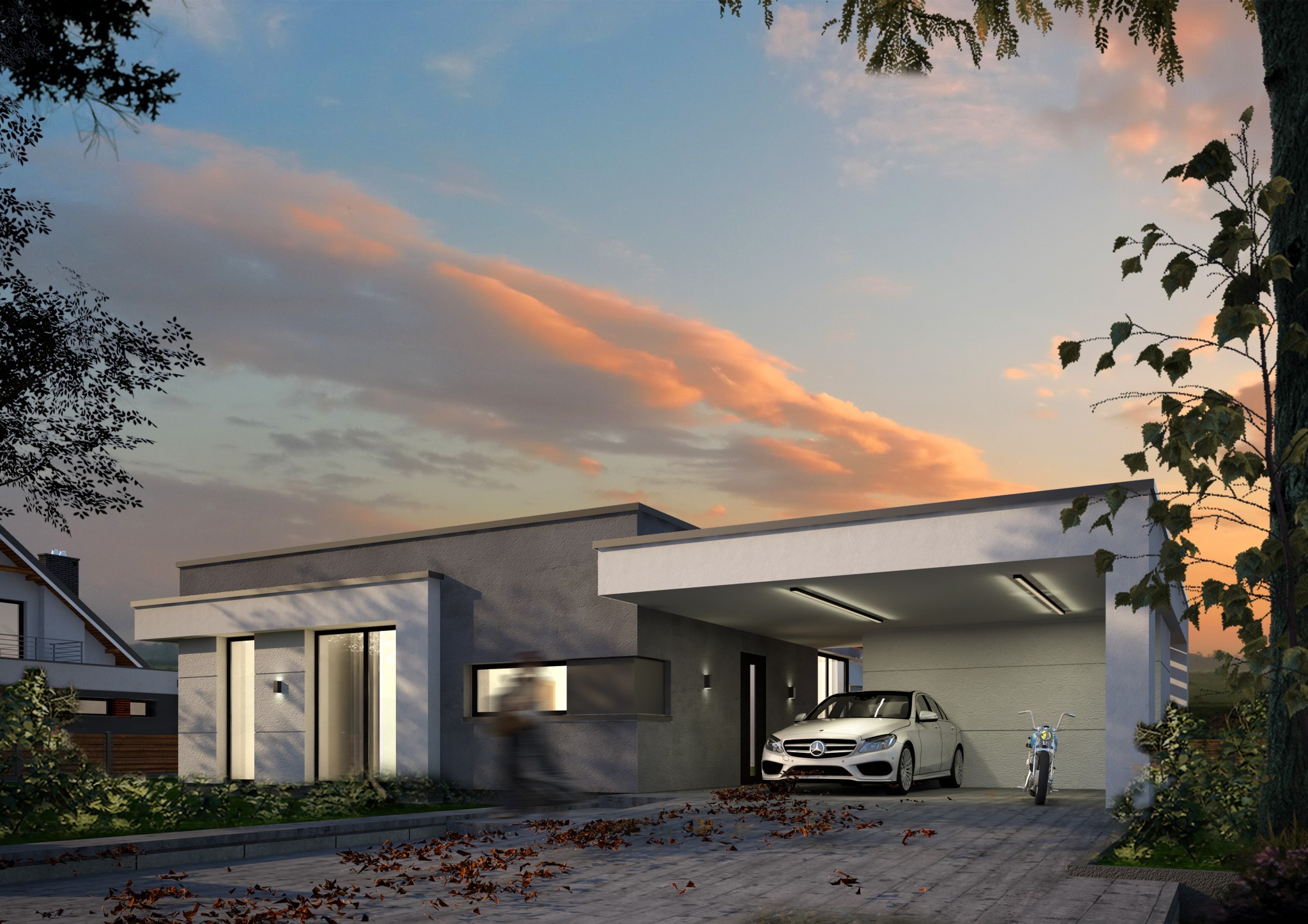 Nowoczesny dom jednorodzinny z podjazdem i zadaszonym miejscem parkingowym; biały samochód i motocykl na posesji, jesienne liście na brukowanym podjeździe, wieczorne niebo w tle.
