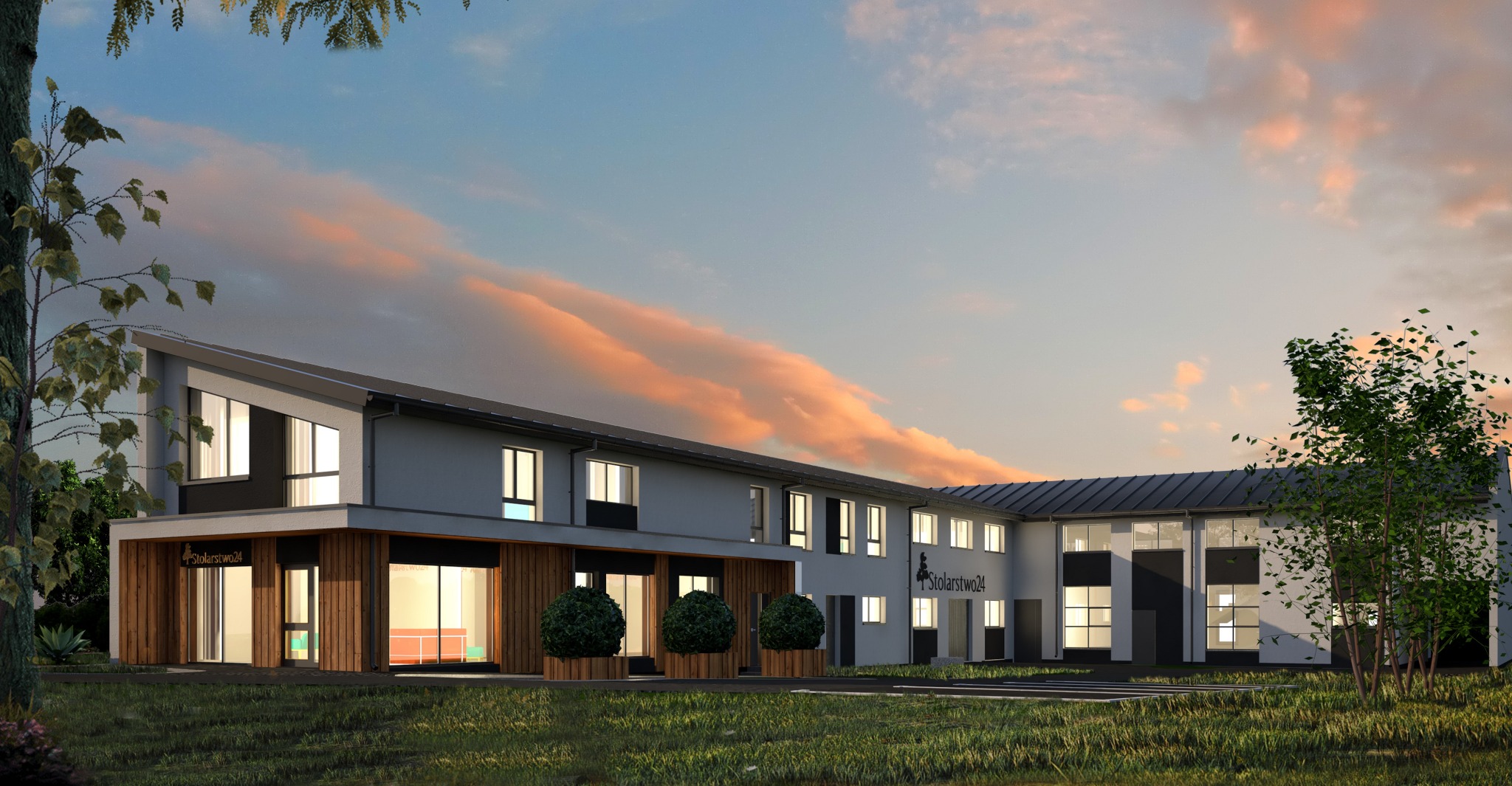Wizualizacja budynku zakładu stolarskiego z częścią biurową i mieszkalną o zmierzchu. Budynek jest dwukondygnacyjny, z elementami drewna na elewacji parteru. Na budynku widoczne logo 'Stolarstwo24'.
