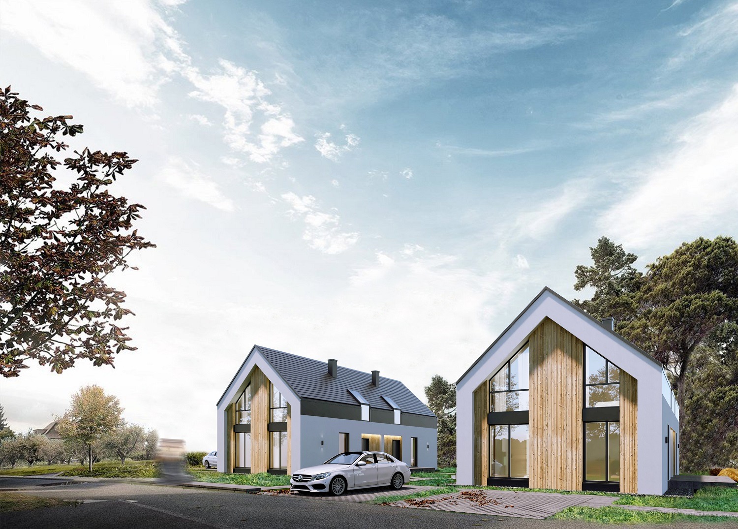 Wizualizacja dwóch nowoczesnych domów dwulokalowych w zabudowie bliźniaczej, z jasną elewacją, drewnianymi panelami i dużymi oknami, na tle błękitnego nieba i drzew