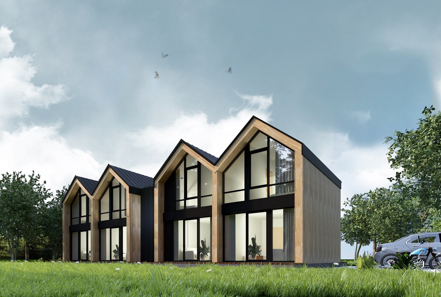 Wizualizacja bliźniaka mieszkalnego w nowoczesnym stylu z dużymi oknami, drewnianą elewacją i czarnymi akcentami, otoczonego zielonym trawnikiem i drzewami, z widocznym samochodem i motocyklem w tle.
