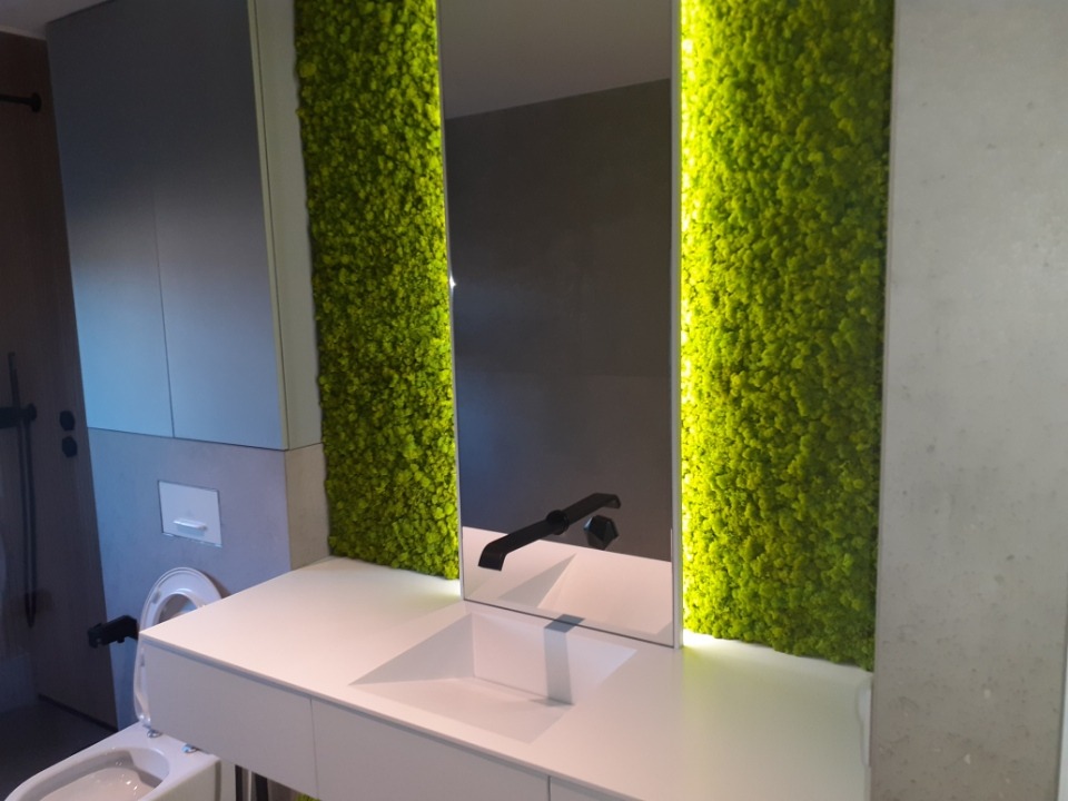 Nowoczesna łazienka z białą umywalką i lustrem obramowanym panelami z mchu, widoczna toaleta w tle.